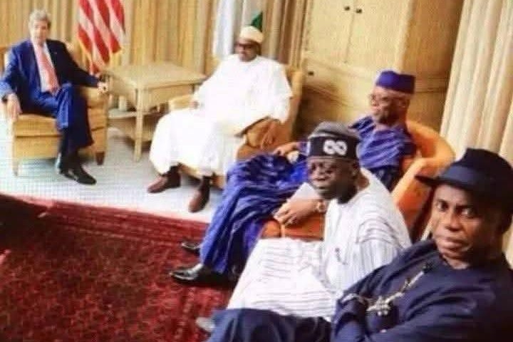 From left to right: John Kerry, former Nigerian President Muhammadu Buhari, former APC chairman, Chief John Odigie-Oyegun, Bola Tinubu (current President of Nigeria), and former Governor of Rivers State, Rotimi Amaechi