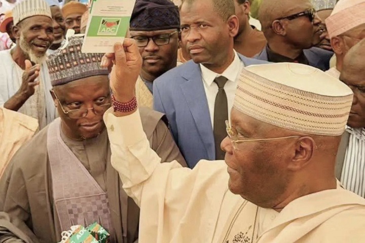 Ex-Vice President Atiku Abubakar displays his African Democratic Congress (ADC) membership card, November 24, 2025
