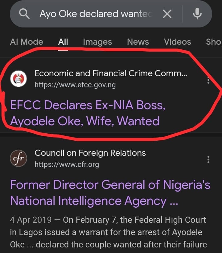 Screenshot shows search result showing EFCC declared Ayodele Oke wanted
