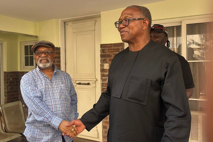 Labour Party presidential candidate Peter Obi (right) visits Dr. Chris Ngige (left) in Anambra on Friday after gunmen attacked Ngige’s convoy