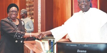 President Bola Ahmed Tinubu swearing in Chief Justice of Nigeria (CJN), Justice Kudirat Kekere-Ekun