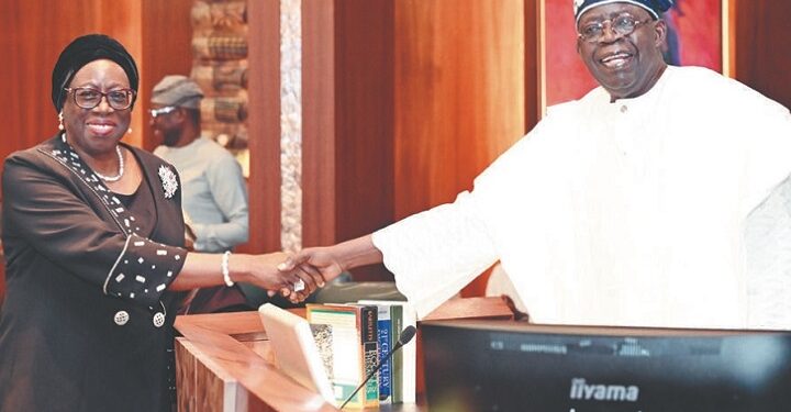 President Bola Ahmed Tinubu swearing in Chief Justice of Nigeria (CJN), Justice Kudirat Kekere-Ekun