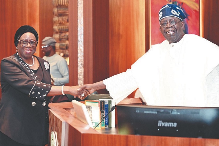 President Bola Ahmed Tinubu swearing in Chief Justice of Nigeria (CJN), Justice Kudirat Kekere-Ekun