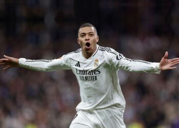 Kylian Mbappé celebrate a goal after scoring for Real Madrid Football Club