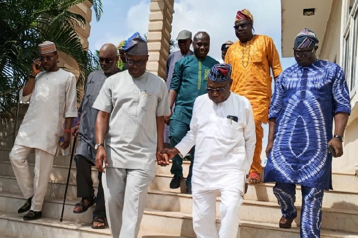 Olusegun Obasanjo and Governor Seyi Makinde after the meeting in Ibadan