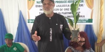 National Palm Produce Association of Nigeria (NPPAN) exedcutive displays the palm seedling