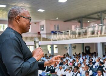 Peter Obi speaking at the College of Medical and Nursing Sciences at Godfrey Okoye University, Enugu
