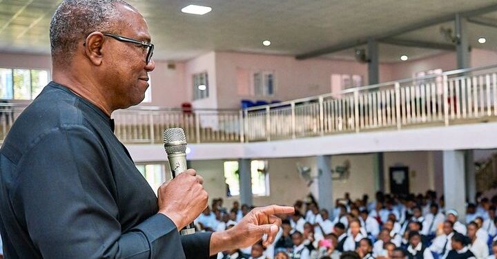 Peter Obi speaking at the College of Medical and Nursing Sciences at Godfrey Okoye University, Enugu