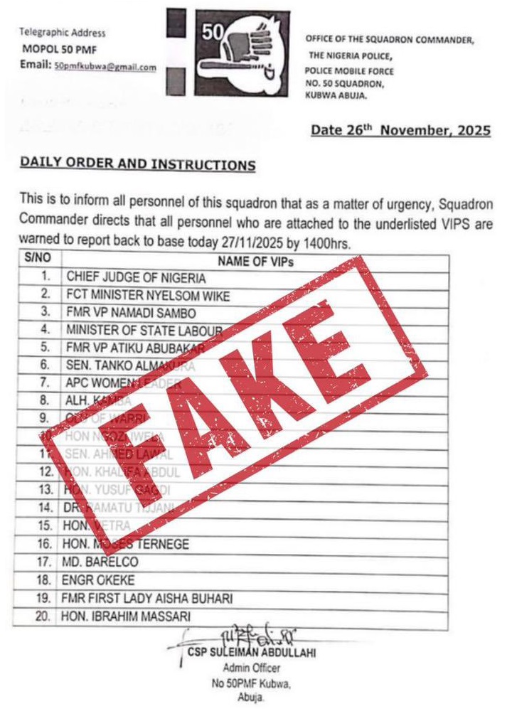 Document falsely claiming that officers attached to certain individuals were directed to report back to base