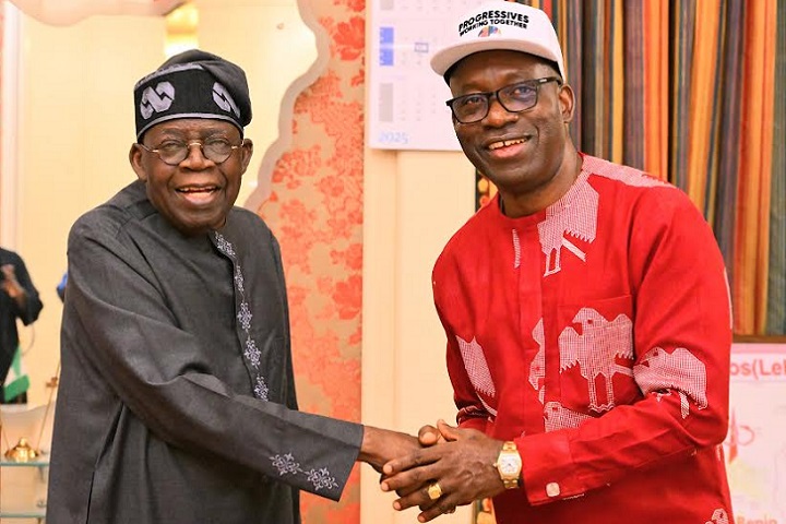 Anambra State Governor, Prof. Chukwuma Charles Soludo, in a handshake with President Bola Ahmed Tinubu the latter's visit to State House Abuja