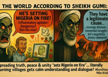 In this cartoon, American citizen, Mike Arnold depicts Islamic cleric Sheikh Ahmad Gumi's protective interest for terrorists