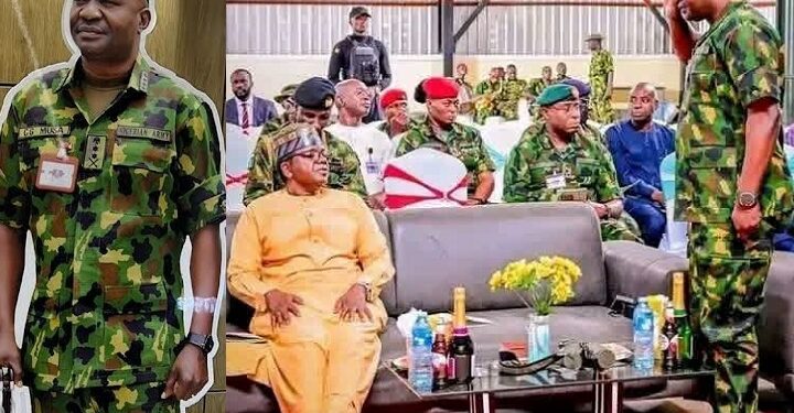 General Christopher Gwabin Musa saluting his former boss, the Minister of State for Defence, Bello Matawalle