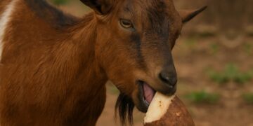 Goat eating yam