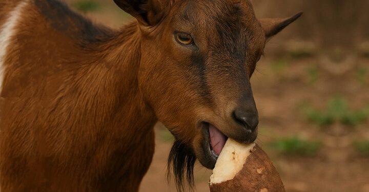 Goat eating yam