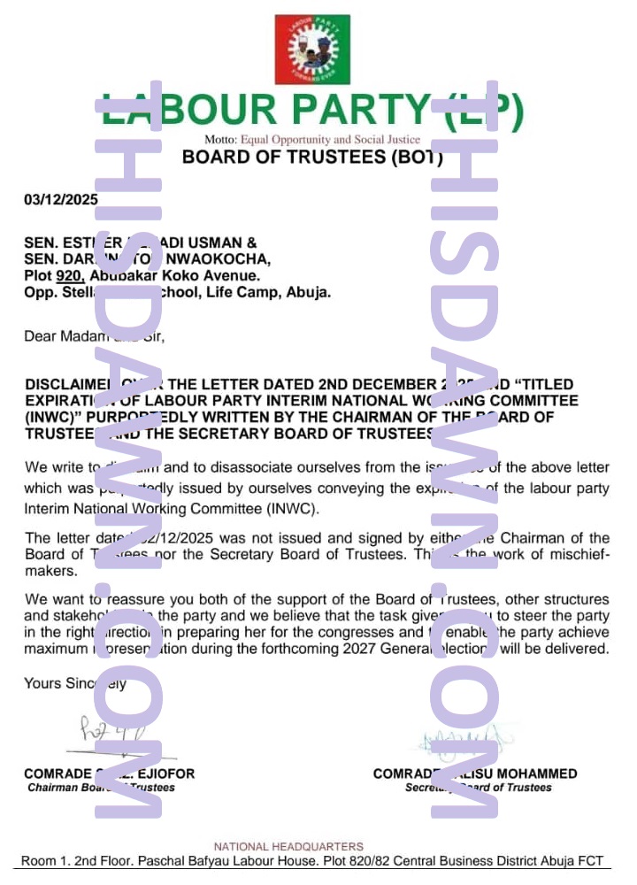 NWC Letter denouncing the fake letter released by Abure faction