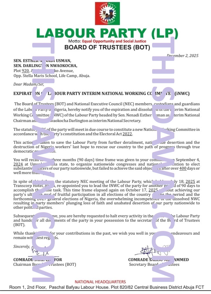 Letter announcing the expiration of the Interim NWC’s mandate and ordering its dissolution