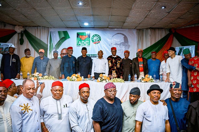 Peter Obi with former Governors Okwesili Nwodo of Enugu State, Achike Udenwa, Sam Egwu of Ebonyi State, Emeka Ihedioha from Imo State. Senators Enyinnaya Abaribe, Victor Umeh, Tony Nwoye, and Gilbert Nnaji, prominent political figures such as High Chief Ben Obi, Chief Onyema Ugochukwu, Prof. Pat Utomi, Prof. Osita Ogbu, Chief Ralph Nwosu, and others