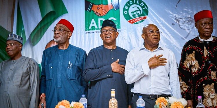 Peter Obi with Senator David Mark, former Governors Waziri Tambuwal of Sokoto State, Achike Udenwa and High Chief Ben Obi