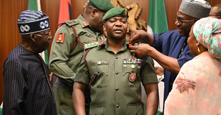 President Bola Ahmed Tinubu decorating Nurudeen Alowonle Yusuf as Colonel barely a year ago