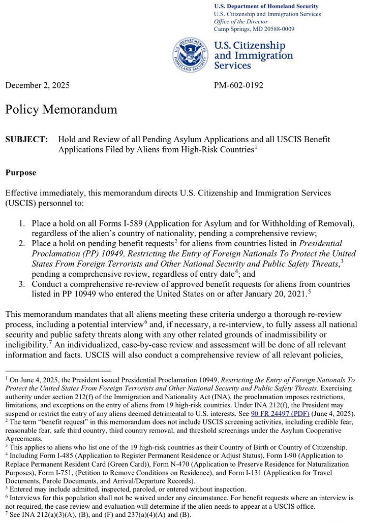 Document shows Department of Homeland Security (DHS) directed U.S. Citizenship and Immigration Services (USCIS) to pause and reassess all pending asylum applications