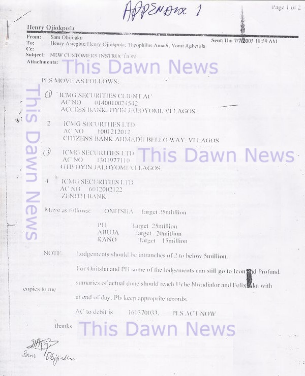 Appendix 1 shows an instruction from a senior operations executive directing regional operations heads to mobilise cash and deposit it into specific beneficiary accounts