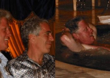 Pic. 1 shows Jeffrey Epstein President Bill Clinton, while Pic 2 shows Clinton enjoying his time with a heavily redacted individual