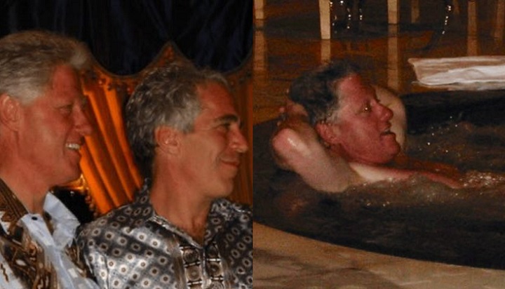 Pic. 1 shows Jeffrey Epstein President Bill Clinton, while Pic 2 shows Clinton enjoying his time with a heavily redacted individual