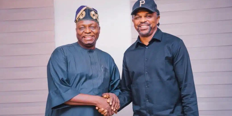 National Chairman of the All Progressives Congress (APC), Professor Nentawe Goshwe Yilwatda with former Super Eagles striker, Kanu Nwankwo