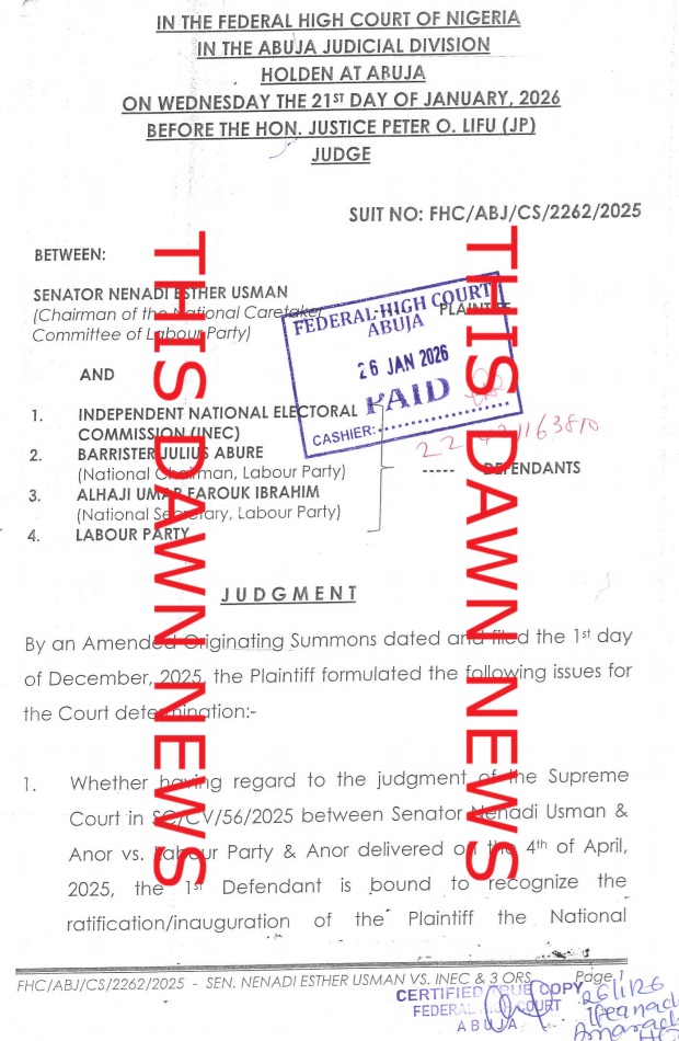 Court Orders INEC to Recognize Nenadi Usman as LP Chairman