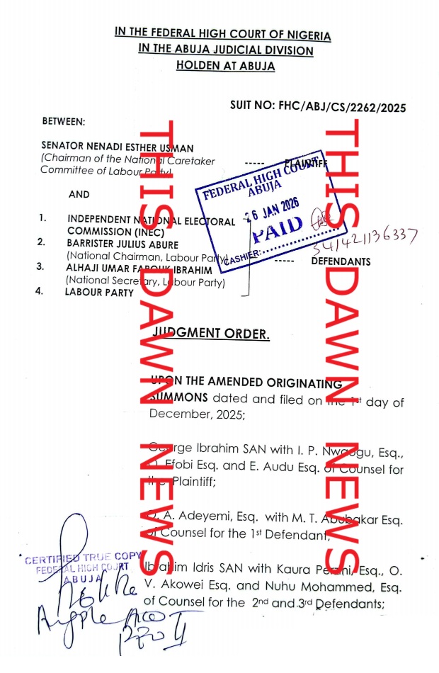 Court Orders INEC to Recognize Nenadi Usman as LP Chairman