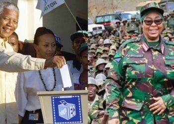 South Africa's legendary President Nelson Mandela, voting in the country's first all-race polls in April 1994 & Tanzanian President Samia Hassan in military fatigues.