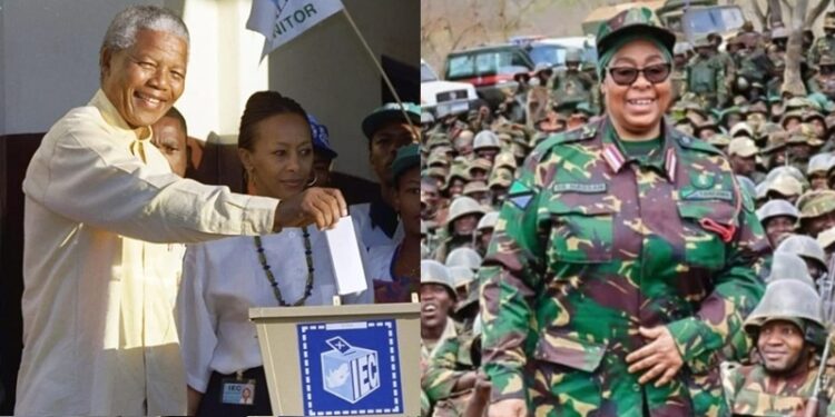 South Africa's legendary President Nelson Mandela, voting in the country's first all-race polls in April 1994 & Tanzanian President Samia Hassan in military fatigues.