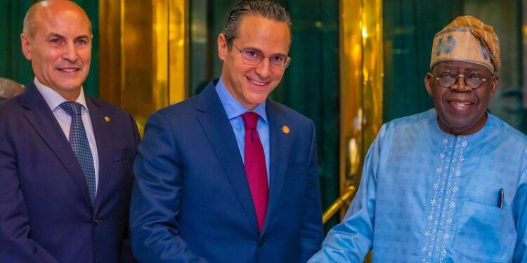 L-R: Peter Costello, President Upstream, Shell Plc, Wael Sawan, Global Chief Executive Officer Shell Plc and President Bola Tinubu during a visit by the Shell Executives to the President at the State House, Abuja. Thursday, January 22, 2026