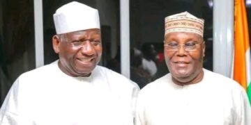 Ex-Vice President Atiku Abubakar with National Chairman of the Action Democratic Party (ADP), Yabagi Yusuf Sani