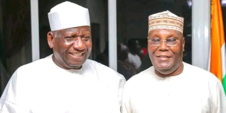 Ex-Vice President Atiku Abubakar with National Chairman of the Action Democratic Party (ADP), Yabagi Yusuf Sani