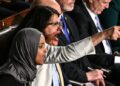 Rep. Ilhan Omar and Rep. Rashida Tlaib yell at President Donald Trump
