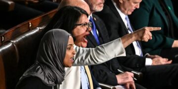 Rep. Ilhan Omar and Rep. Rashida Tlaib yell at President Donald Trump