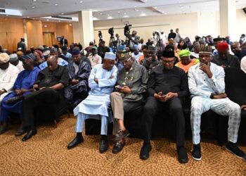 Atiku Abubakar, Peter Obi, Rotimi Amaechi, Rauf Aregbesola, and other ADC and NNPP leaders, including ADC National Chairman David Mark, arrived at Transcorp Hilton for a press conference to discuss key national issues, February 26, 2026
