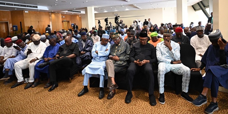 Atiku, Obi, Amaechi, Aregbesola, and other ADC and NNPP leaders, including ADC National Chairman David Mark, arrived at Transcorp Hilton for a press conference to discuss key national issues.