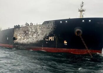 Damaged Kuwait-flagged Al-Salmi crude oil tanker, following an Iranian strike