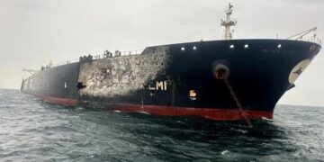 Damaged Kuwait-flagged Al-Salmi crude oil tanker, following an Iranian strike