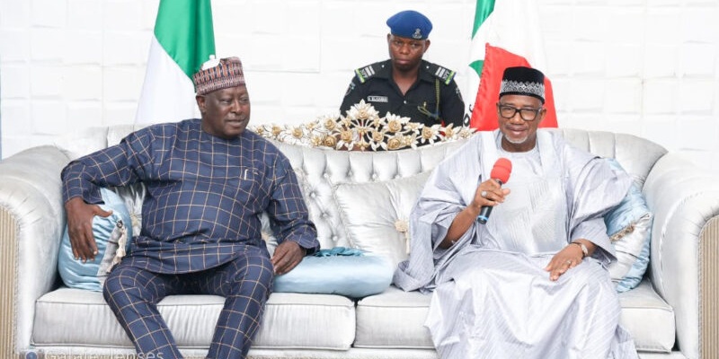 former Secretary to the Government of the Federation, Babachir Lawal, with Bauchi State Governor Bala Mohammed at the Government House in Bauchi.