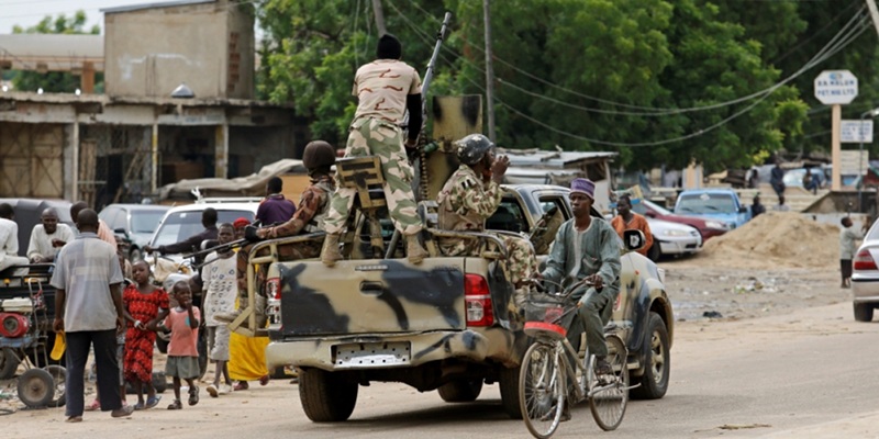 Nigerian troops patrolling the streets in Malam Fatori, Abadam LGA, Borno State
