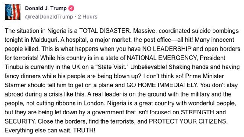 President Donald Trump lambasts President Bola Ahmed Tinubu