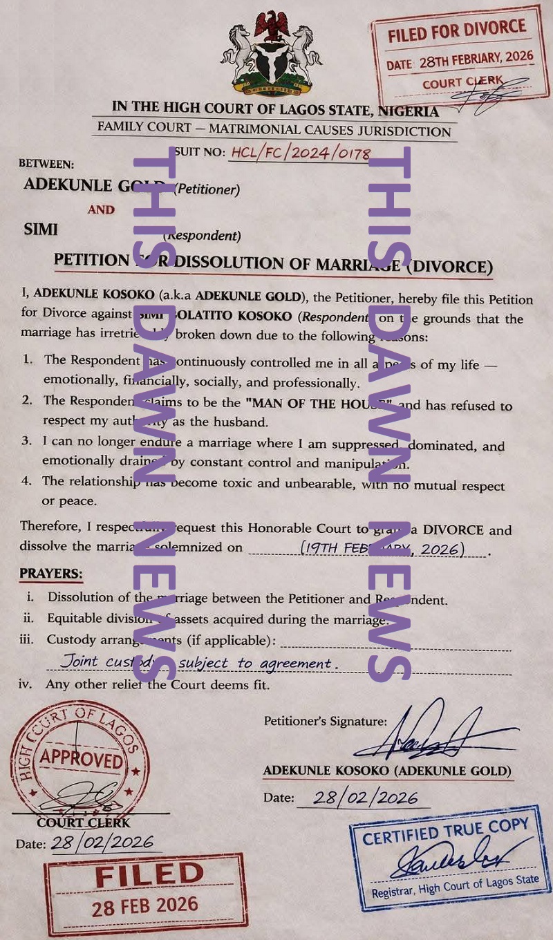 Adekunle Gold, Adekunle Kosoko's, divorce application against Simi, Simisola Bolatito Ogunleye