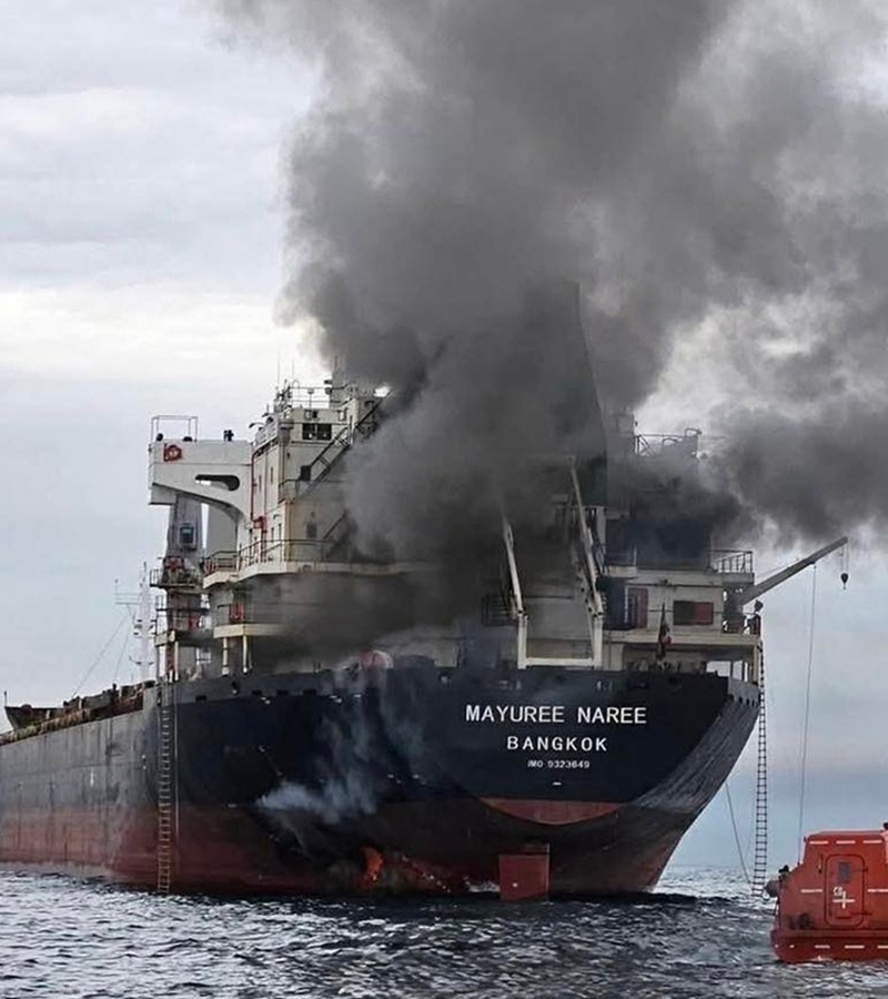 MAYUREE NAREE BANGKOK vessel on fire after being hit by Iranian fireworks while passing the Strait of Hormuz