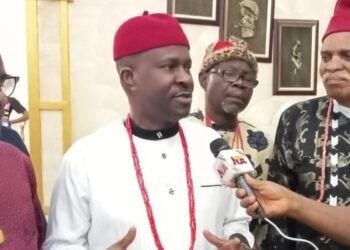 Pioneer Commissioner for Homeland Security and Vigilante Affairs in Imo State, Dr. Ugorji Okechukwu Ugorji, flanked by some traditional rulers while granting an interview to newsmen