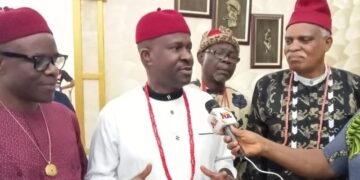 Pioneer Commissioner for Homeland Security and Vigilante Affairs in Imo State, Dr. Ugorji Okechukwu Ugorji, flanked by some traditional rulers while granting an interview to newsmen