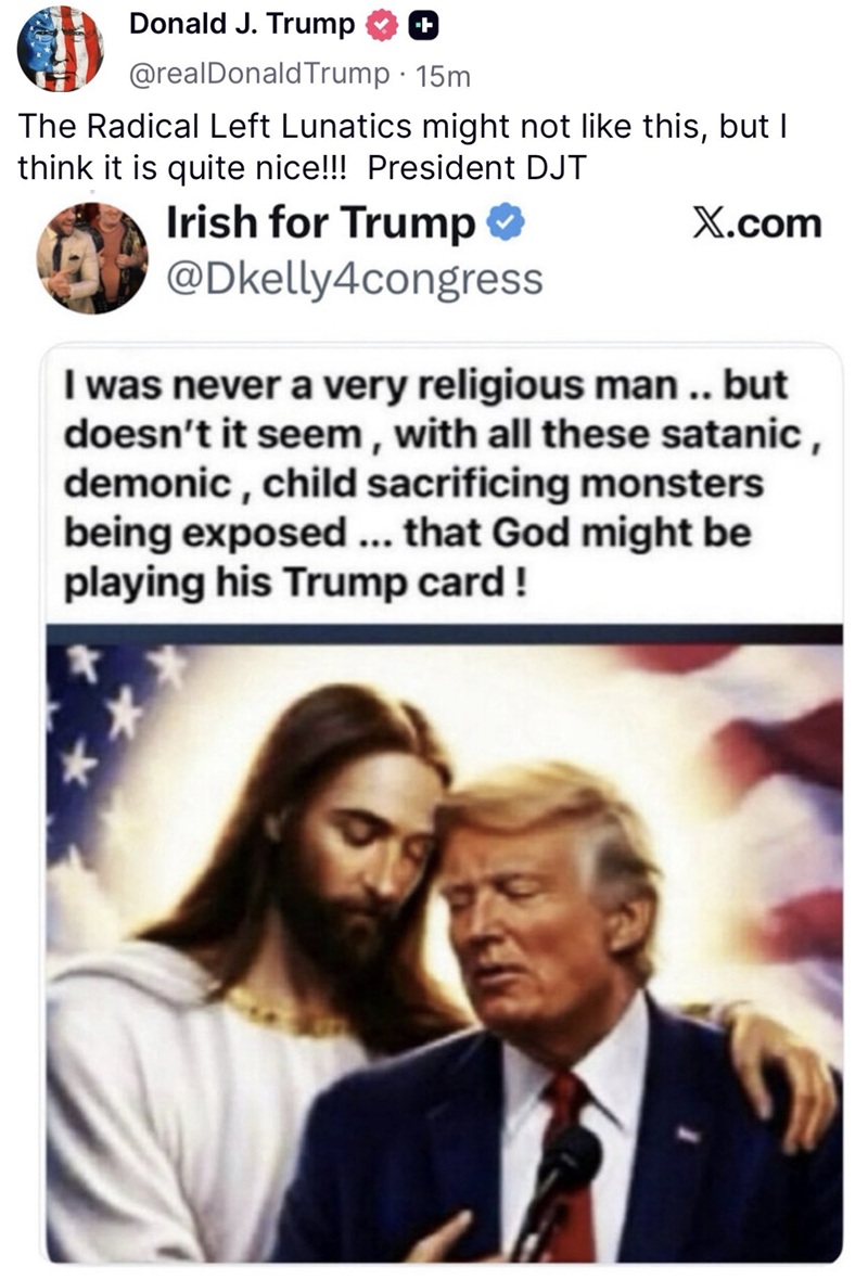 President Donald Trump in an AI-generated image depicting himself embraced by Jesus