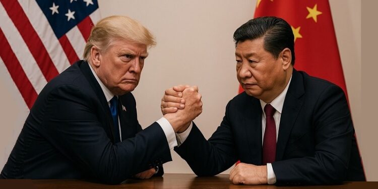 AI-generated version of Chinese President Xi Jinping locked in arm wrestling with United States President Donald Trump